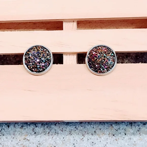 DRUZY PEACOCK AGATE 12mm PIERCED STAINLESS STEEL EARRINGS GIFT BOX INCLUDED - Picture 1 of 5